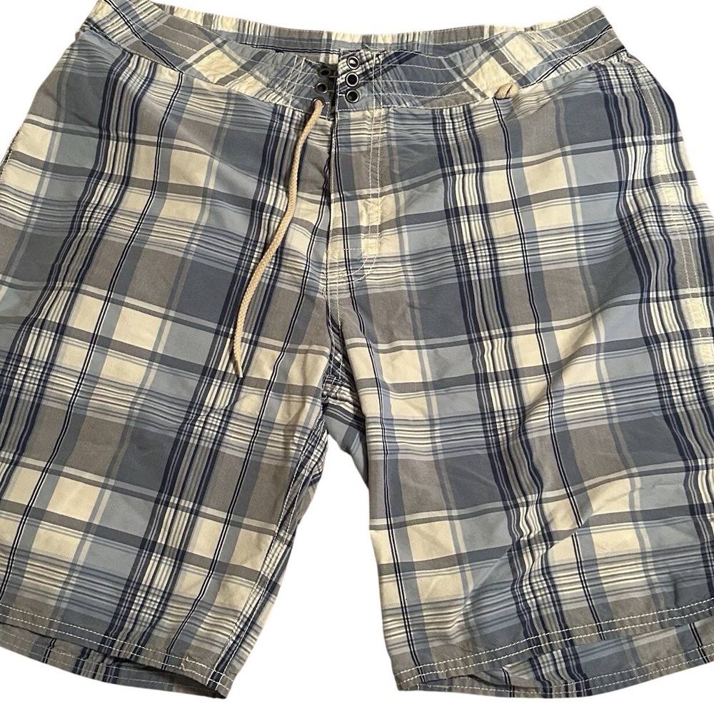 Polo Ralph Lauren Mens Blue White Plaid Board Shorts Swim Trunks Size 34